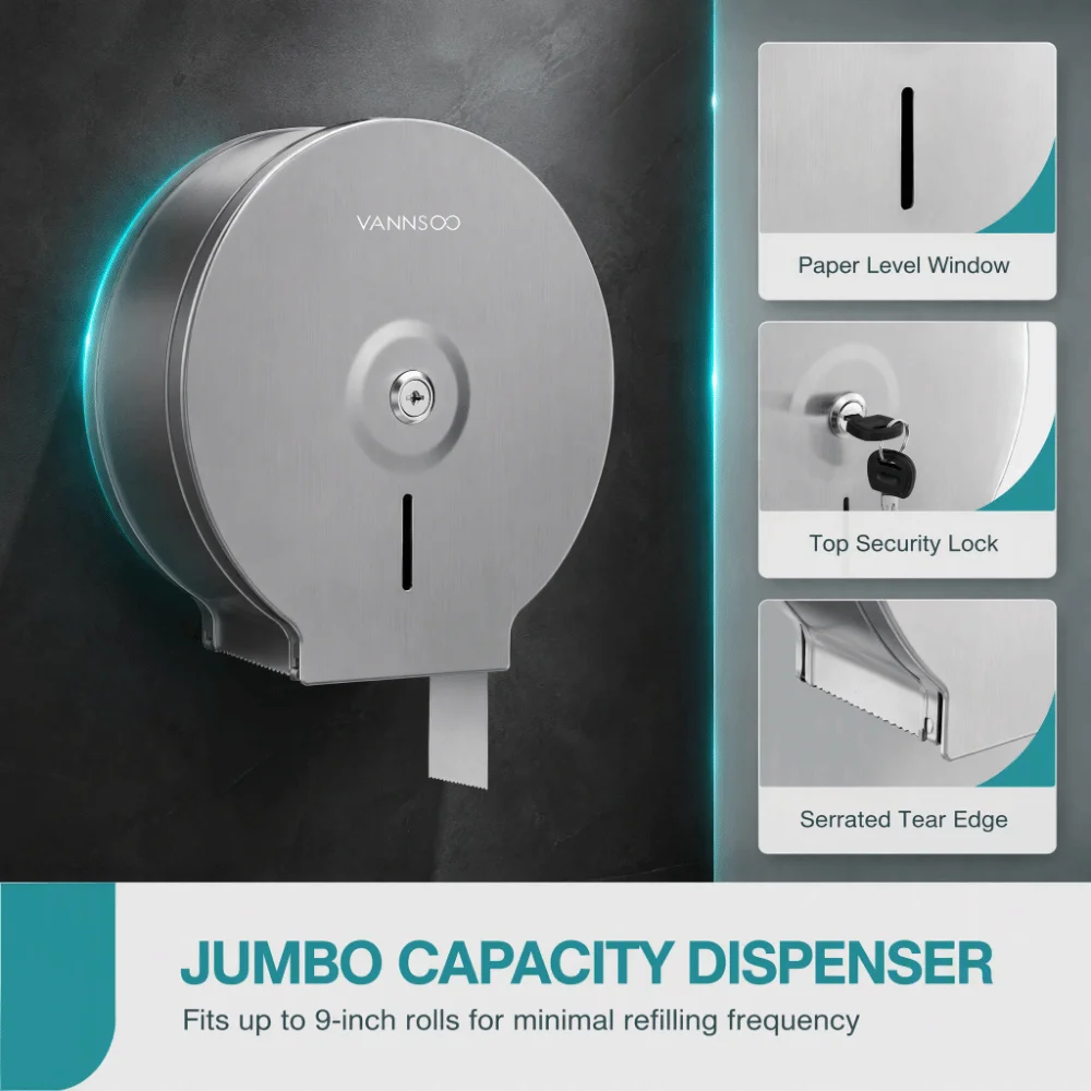 Stainless Steel Toilet Paper Dispenser Brushed Finish 9 Inch Roll Bath Tissue Dispenser Industrial Grade Lockable With Key