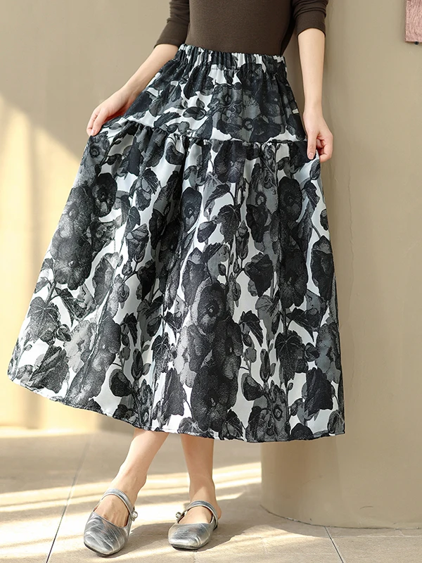 

Heavy Embroidery 3D Floral A-Line Skirt Women's Autumn Winter Puffy Midi Umbrella Skirt High Waist Loose Fit Casual Sle