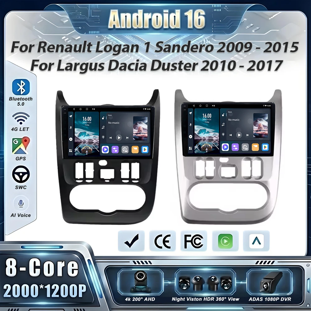 Android 16 coche para Renault Logan 1 Sandero 2009 - 2015 para Largus Dacia Duster 2010 - 2017 unidad principal estéreo reproductor Multimedia 5G