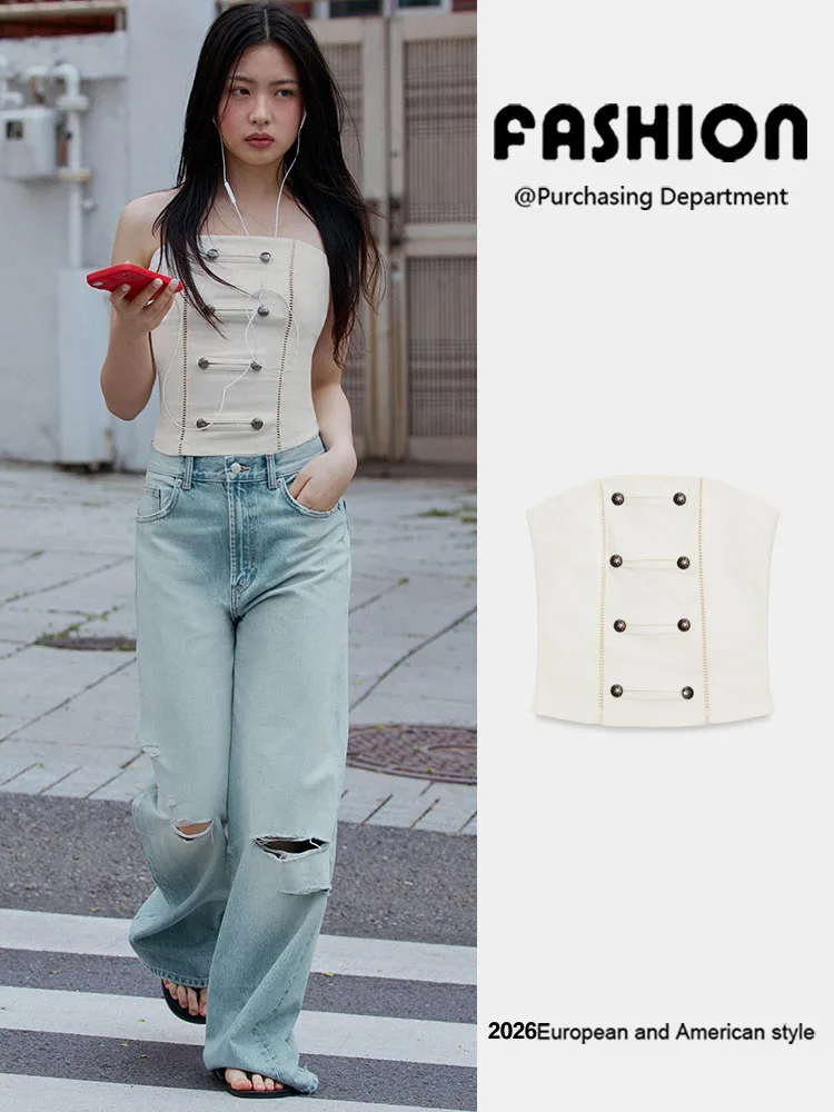 Summer New Women's Fashion Shoulder-baring Tight Neckline Rope Buckle Tube Top Short Length Sleeveless Chinese Style Shirt