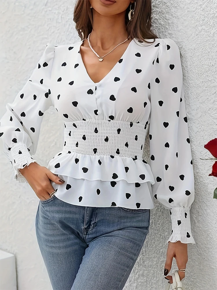 Chemise élégante à col en v pour femmes, mode printemps-été, coupe cintrée à la taille, manches longues, motif cœur, haut chic