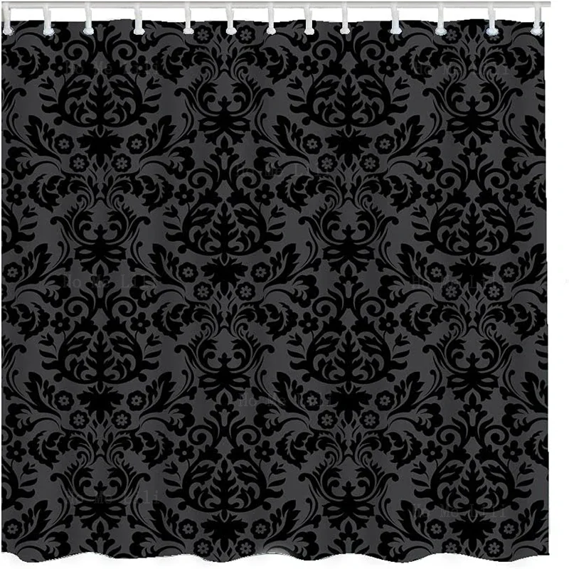 Black Damask Shower Curtain Vintage Floral Foliage Baroque Water Resistant Bathroom Accessories For Home Decorations Dark