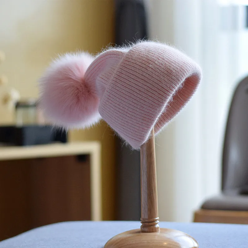 New Winter Real Rabbit Fur Beanies For Women Fashion Solid Warm Fox Fur Pompom Hat Beanies Female Three Fold Thick Knitted Hats