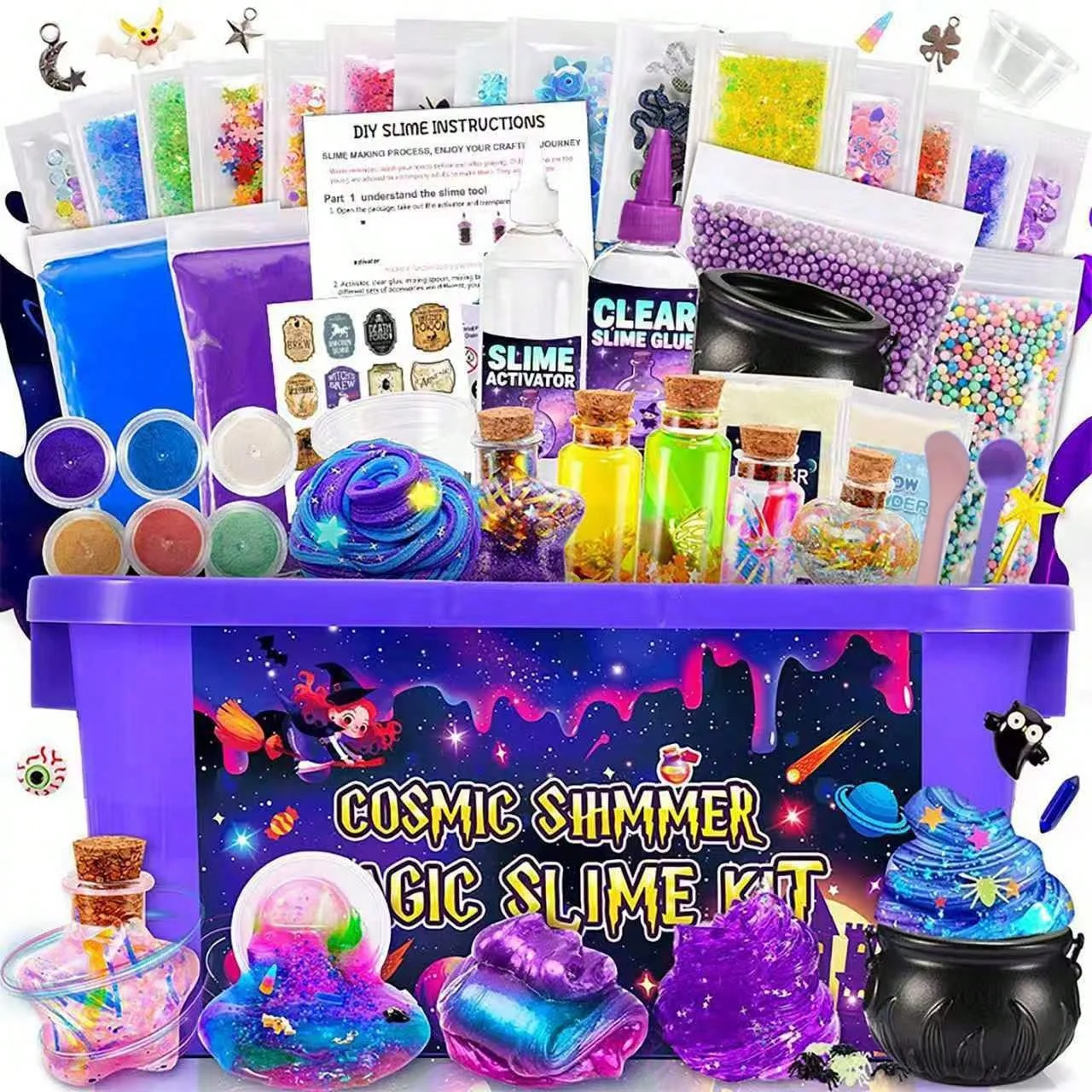 Galaxy Slime Kit For Kids Ages 3–12, DIY Space Slime Set With Glow-In-The-Dark Stickers & Galactic Glitter, Fun Gift for Kids