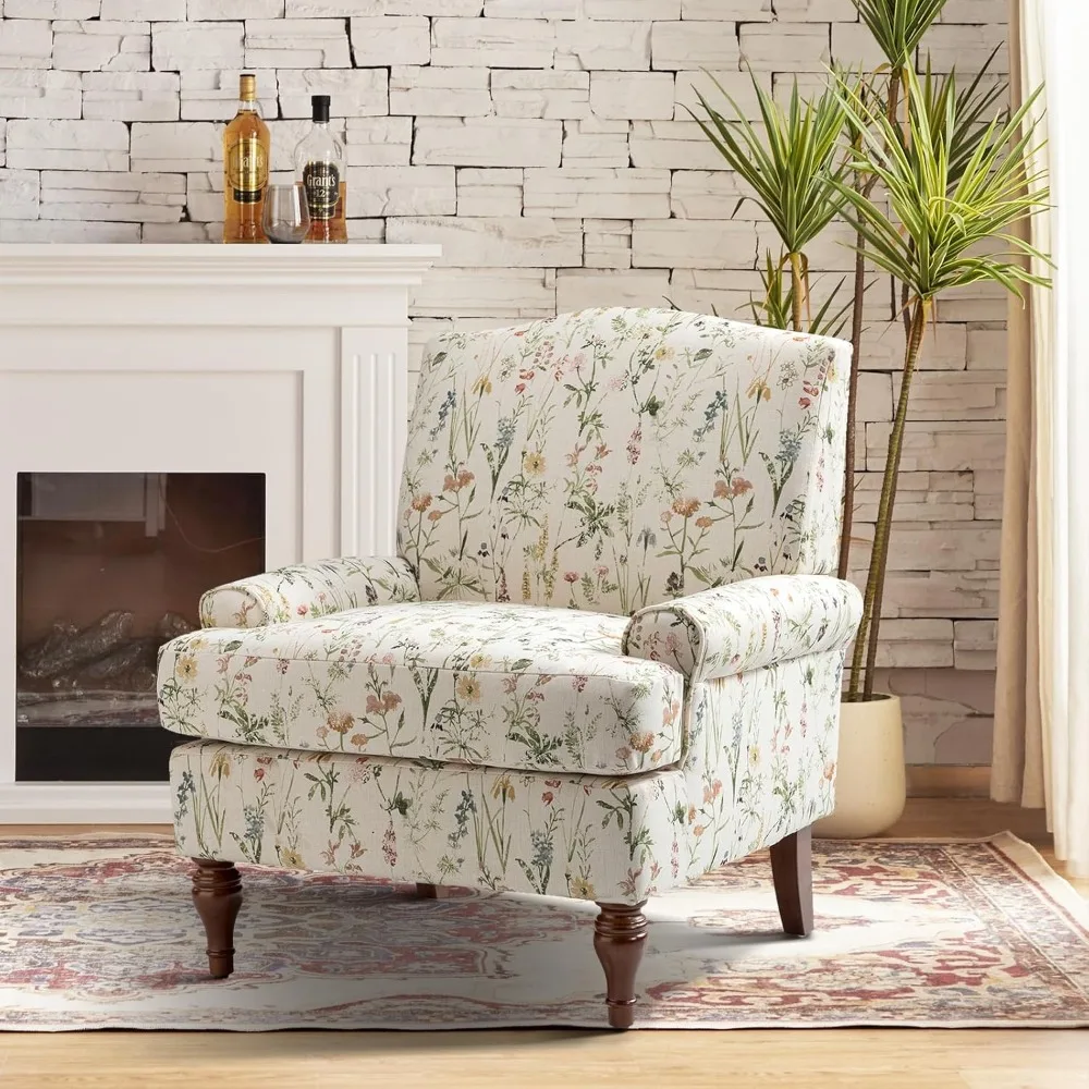 Accent Chair with Solid Legs & Removable Cushion, Floral Comfy Upholstered Armchair, Leisure Single Sofa Chair for L