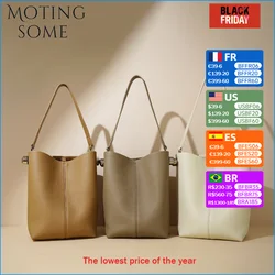 Motingsome Bucket Bag Women Simple First-layer Cowhide Tote Large Capacity Versatile Fashion Commuter Shoulder Handbag 2024 New