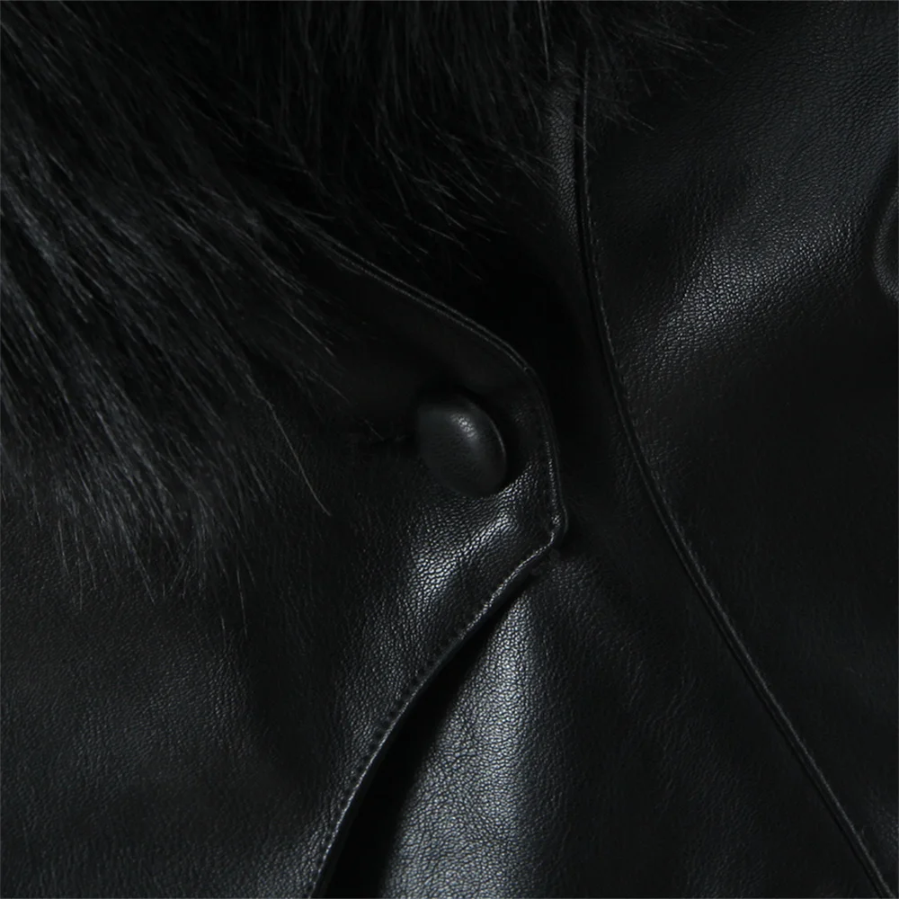 Outono e inverno novas roupas femininas moda temperamento grande gola de pele cintura cinched manga comprida jaqueta de couro