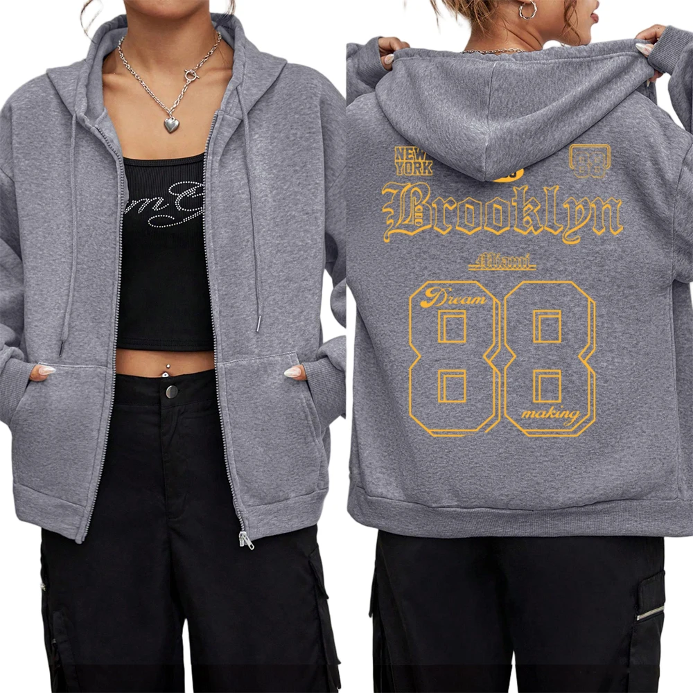 

New York Brooklyn 88, женские толстовки на молнии с принтом, зимняя теплая верхняя одежда с капюшоном, термопальто с длинными рукавами, флисовая одежда с карманами