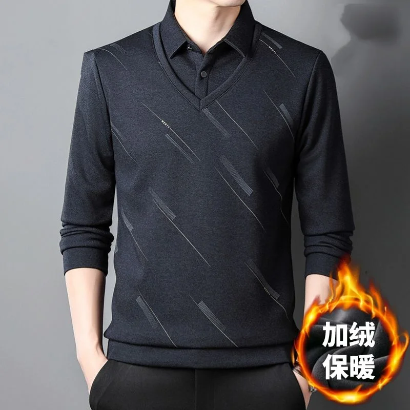 Business and Leisure Vacation Two-piece Splicing Men's New Winter Plush Lapel Long Sleeved POLO Shirt Slim Fit and Warm Top