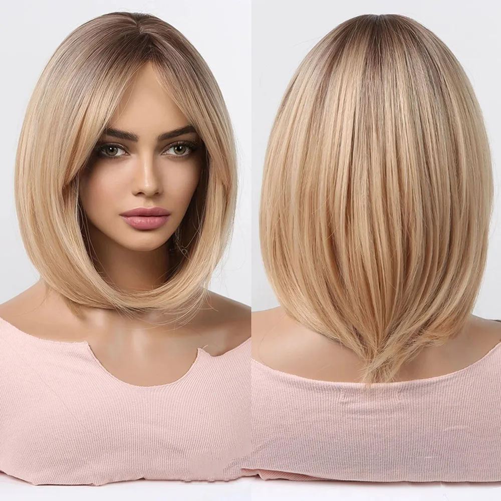 HENRY MARGU Short Light Brown Bob Wig with Bangs Natural Ombre Straight Synthetic Wigs for Women Daily Use Heat Resistant Fiber