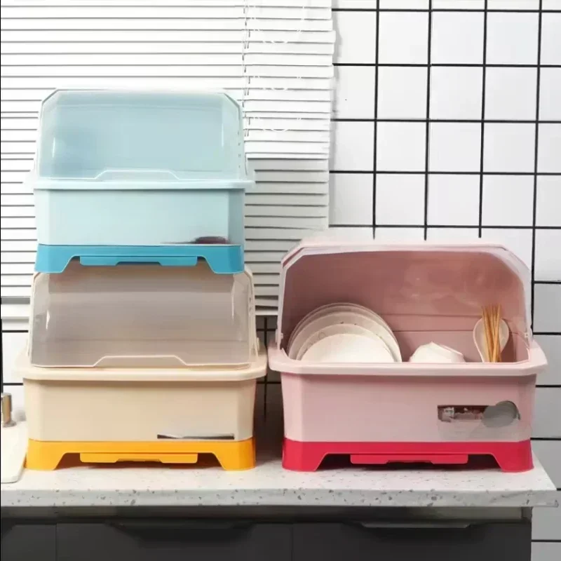 Single-layer household tray bowl and spoon storage rack with plastic tray rack drain pipe with cover kitchen storage rack