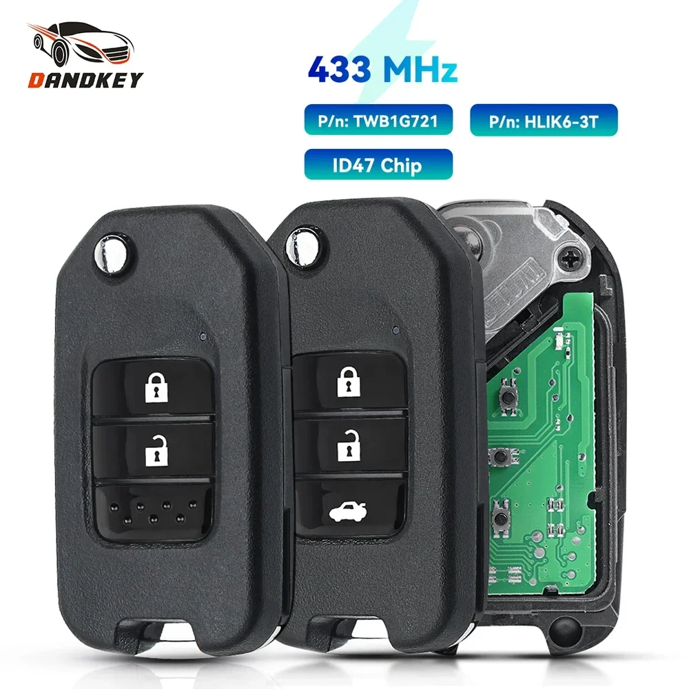 Dandkey 433Mhz 2/3 Buttons Car Remote Key For Honda Accord Civic City CRV Jazz XR-V Vezel HR-V FRV ID47 Chip TWB1G721 HLIK6-3T