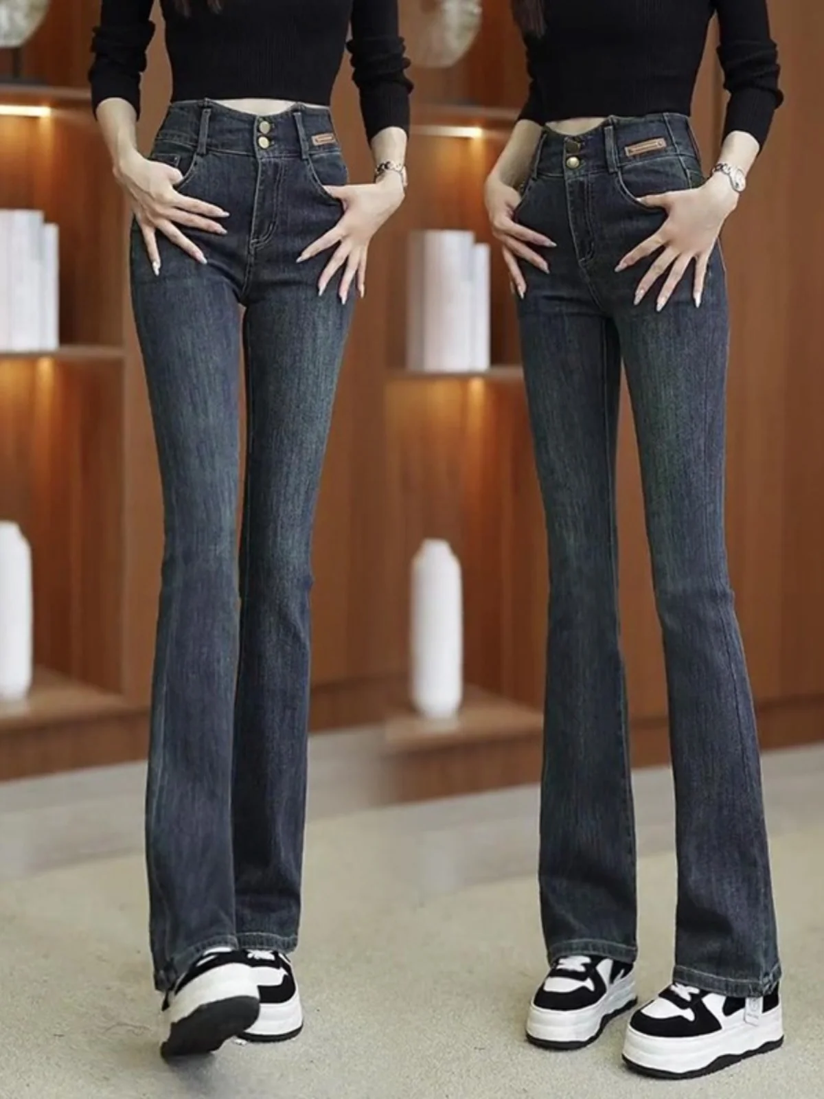 

Женские джинсы-клеш с высокой талией, модные весенне-осенние брюки цементно-серого цвета из смесовой ткани (хлопок, полиэстер, вискоза)