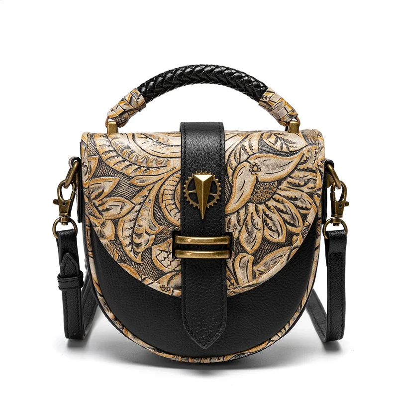 

Steampunk Floral Saddle Crossbody Bag with Bronze Gear Accent, Vintage Gothic Mini Handbag, Retro PU Leather Shoulderbag
