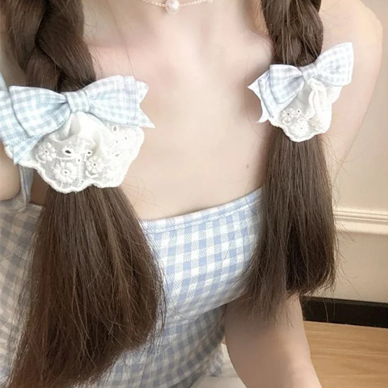 1/2pcs Blue Bow Hairpins Women Girls Sweet Side Clips Cute Plaid Lace Bownot Duckbill Pins Ornament Bohemia Headwears Barrettes