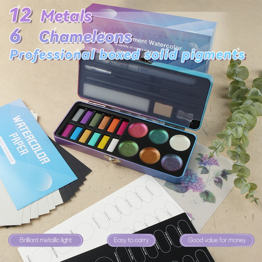 SeamiArt 12 Metallic Colors and 6 Chameleon Watercolor Set With 2 Pcs. Painting Brush For Painting Drawing Supplies