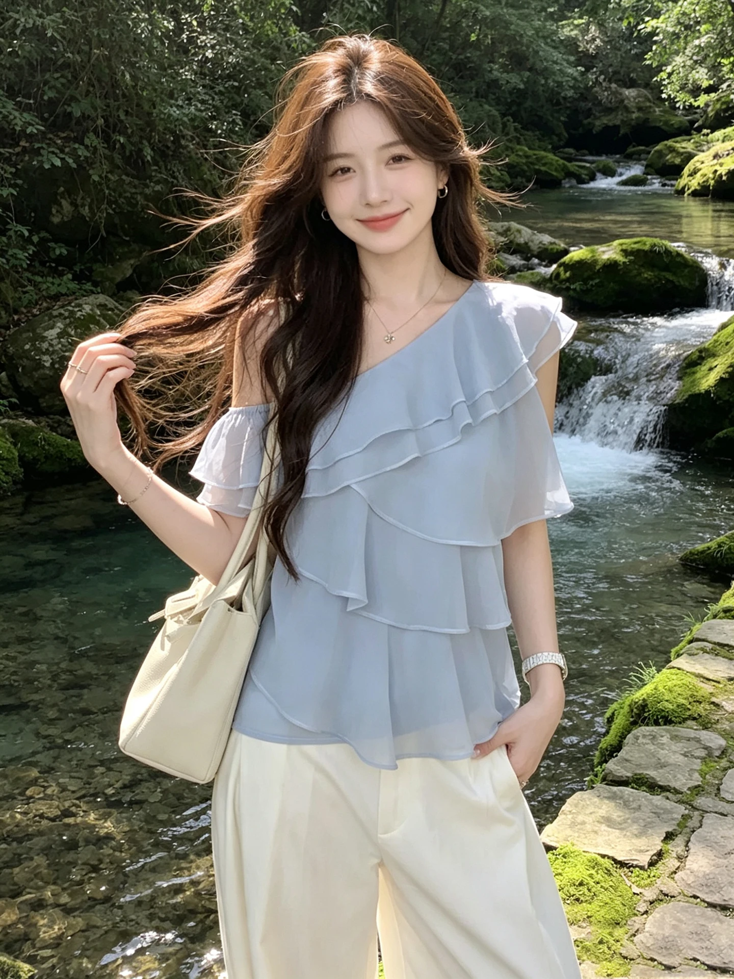 

Korean Style Soft Blue Blouse Women's Design Sensation Sweet Top Commute Matching Chiffon Shirt Bells Asymmetrical Shoulder
