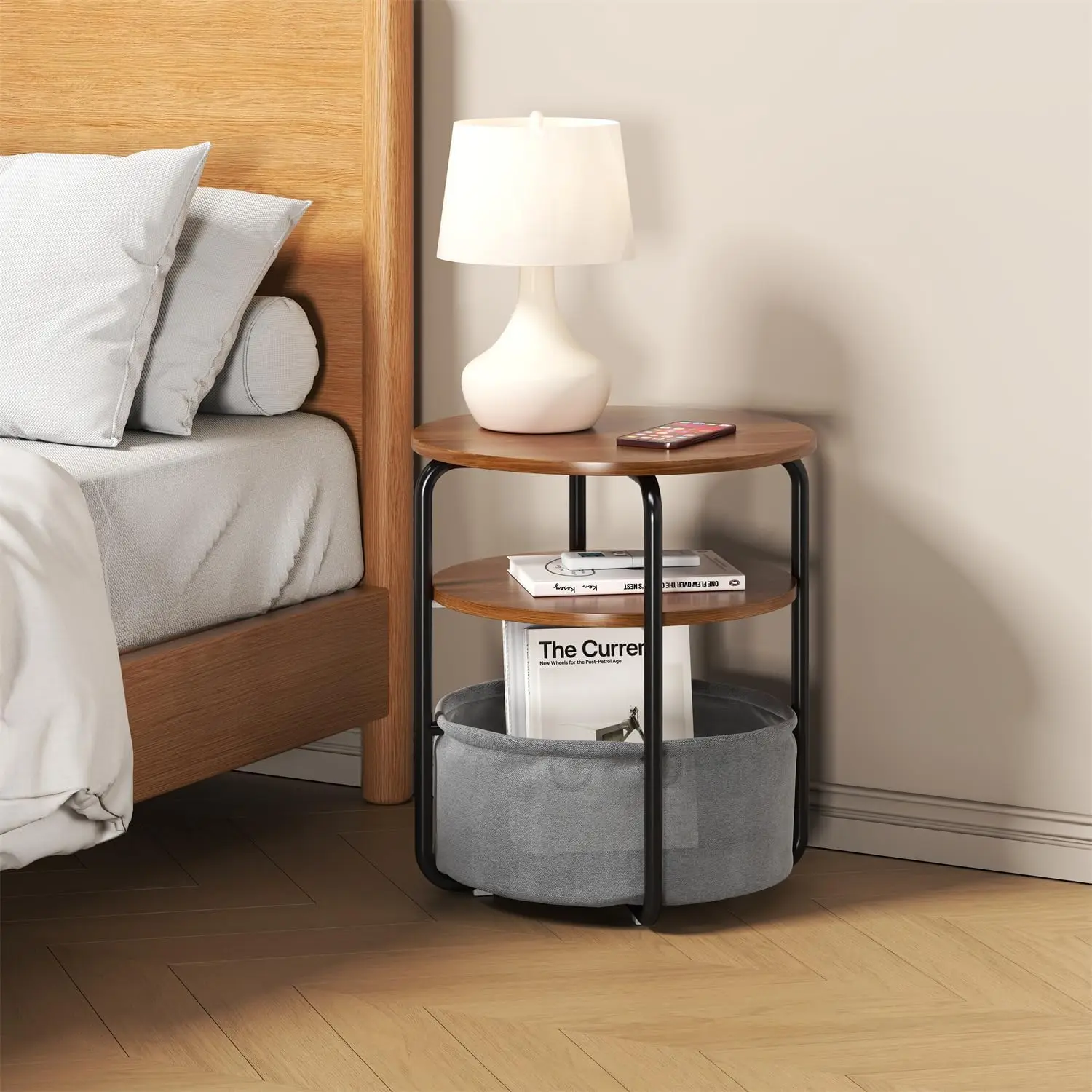 Modern Round Side End Table with Fabric Storage Basket, 3-Tier Small Nightstand with Metal Frame & Density Board Top, Compact Accent Table for Small Space Living Room Bedroom