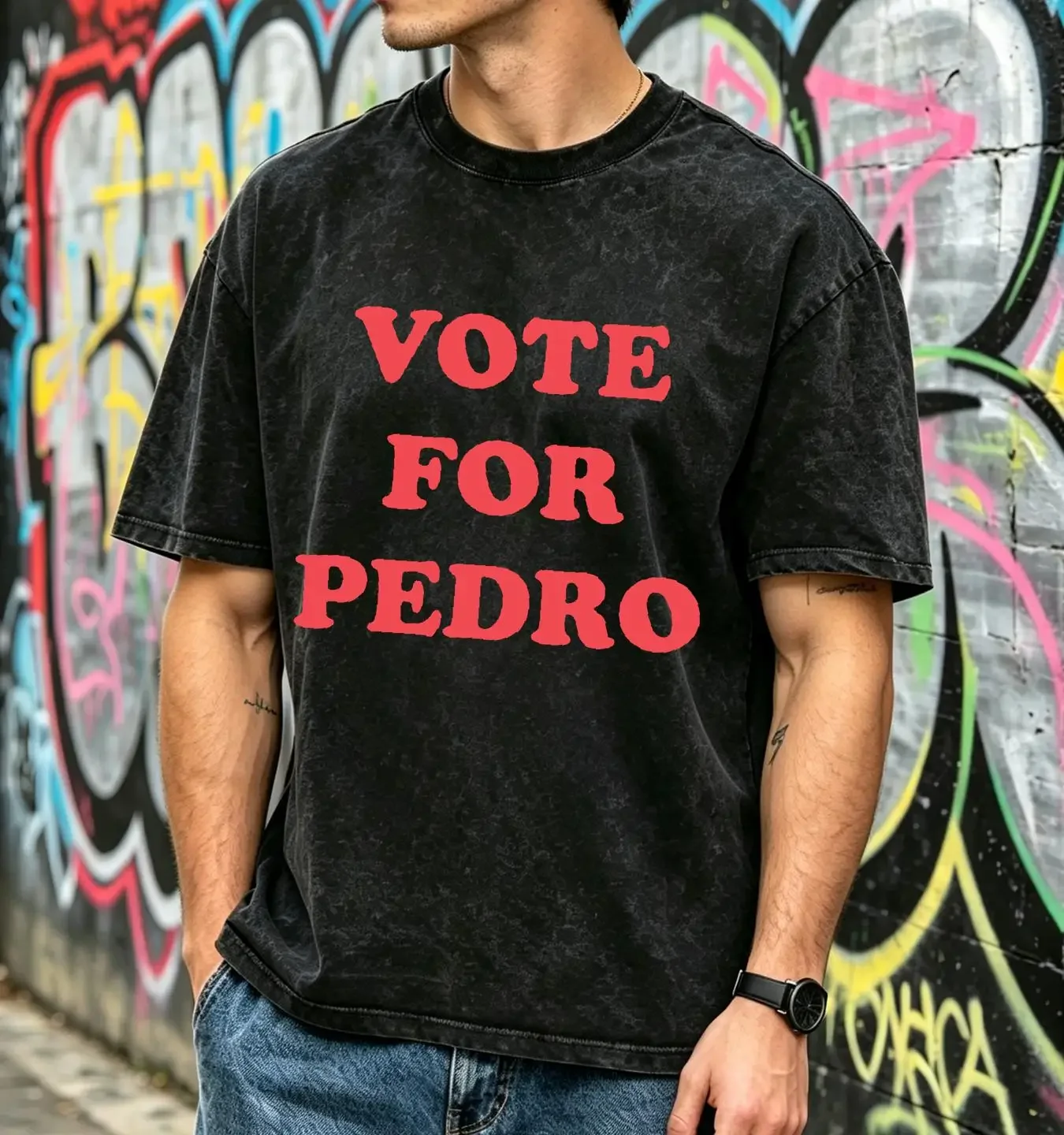 washed T Shirt Vote For Pedro Funny  White Size S To 5Xl long sleeves vintage Washed fashion Top For Everyday Wear Comfortable