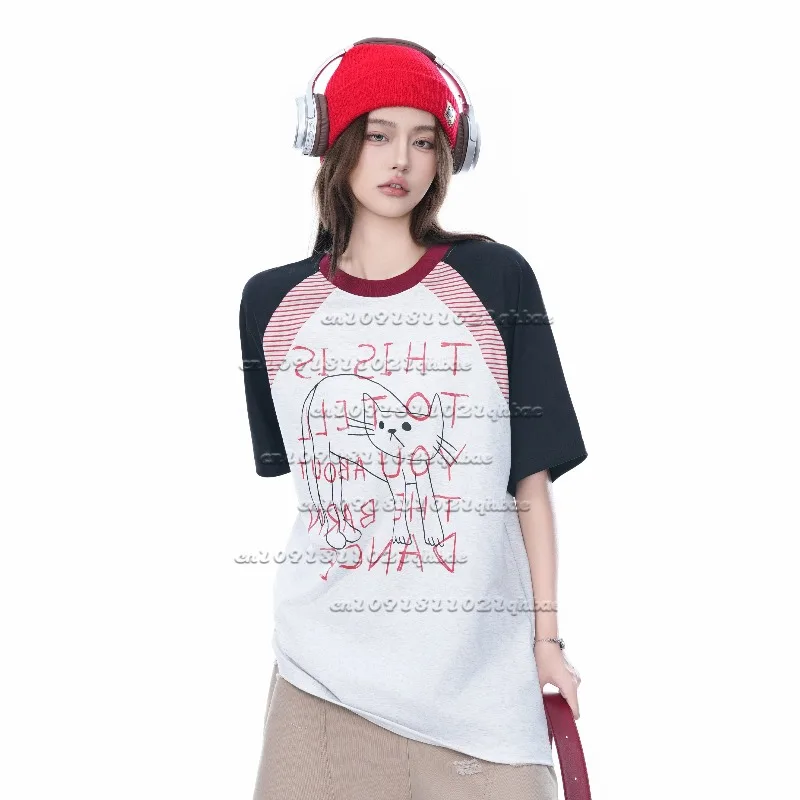 

American Style Fun Striped Patchwork Hand Drawn 3D Printed Short Sleeved Couple Style Casual Versatile Quick Drying Top Trendy