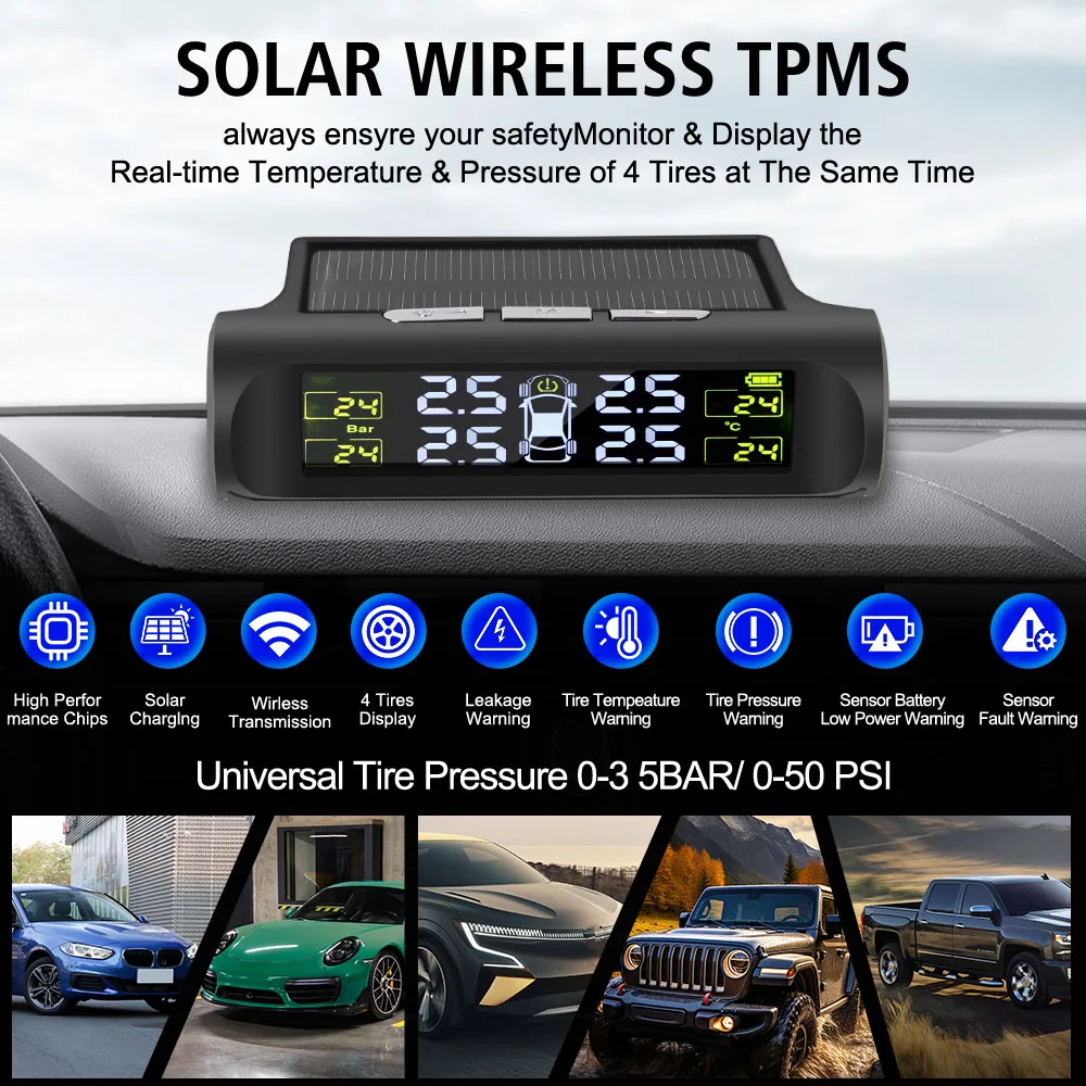 نظام مراقبة ضغط إطارات السيارة، نظام إنذار أمان تلقائي، شاشة LCD رقمية عالمية، مراقبة درجة حرارة الإطارات الشمسية TPMS #3