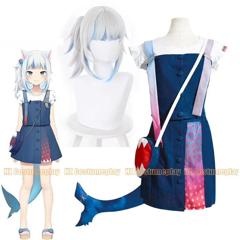 

Hololive EN VTuber Gawr Gura Cosplay Costumes Cute Girl's Shark Suits Suspender Skirts Gura's Wig and Ears Headwear