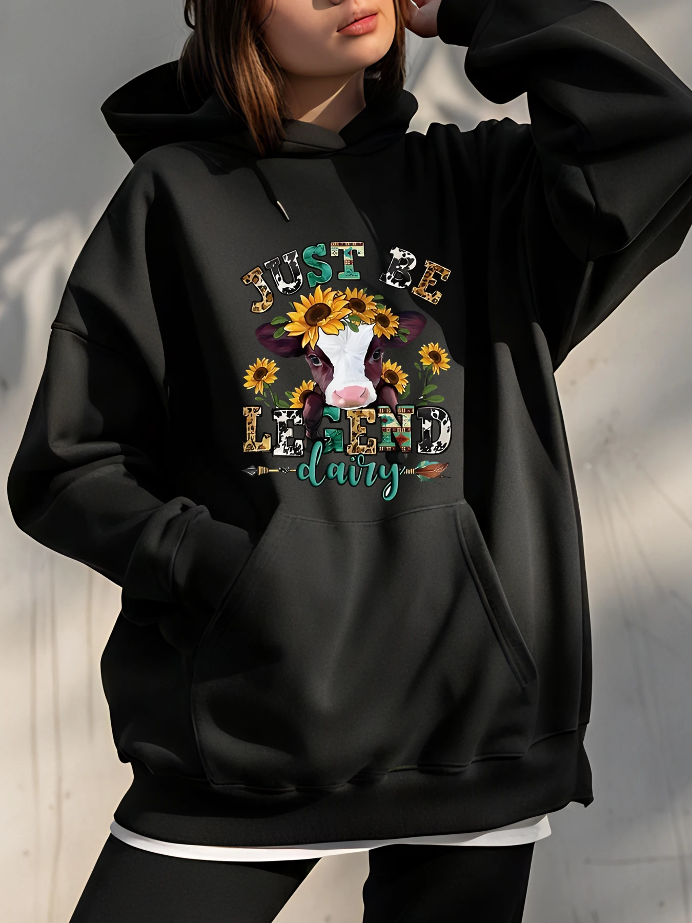 

Cow Print Hoodie Sunflower Design Women's Casual Sweatshirt Fall Winter Fashion Unisex Streetwear