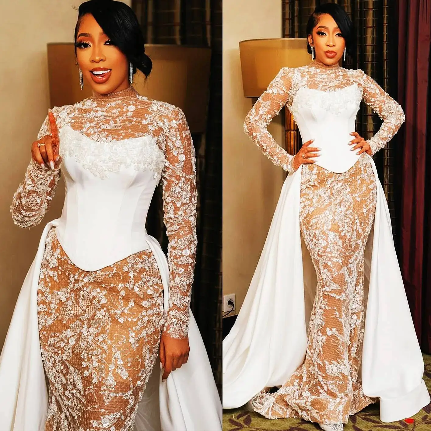 

Африканское свадебное платье Aso Ebi цвета слоновой кости с иллюзией русалки, кружево с цветочным принтом, винтажное элегантное свадебное платье с длинными рукавами, платья Zj212