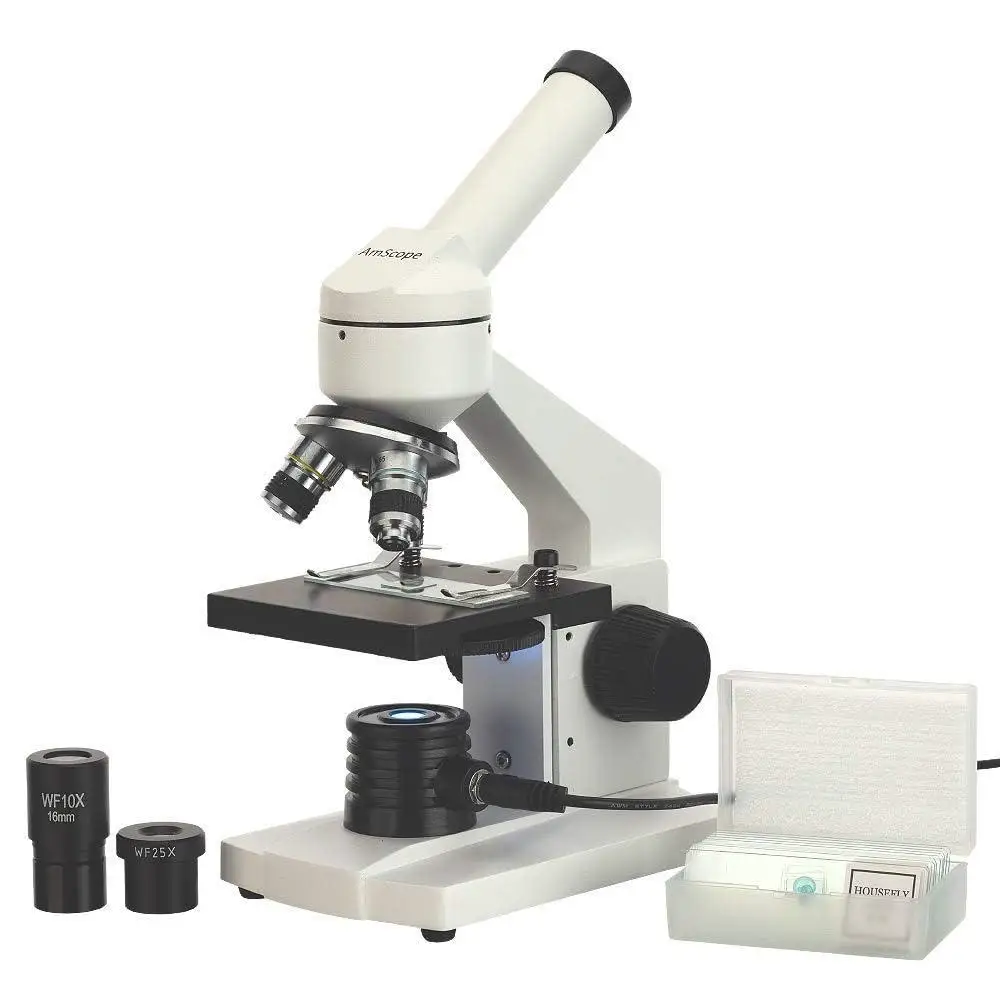 Biological Compound Microscope 40X-1000X Monocular LED Illumination Metal Construction Student Kids Prepared Blank Slides Set