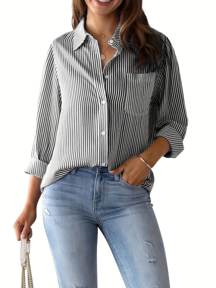 Zadily Dames Gestreept Turn-Down Kraag Button Down Shirt Met Zak Lange Mouw Losse Kantoor 2025 Herfst Blouse Werkkleding