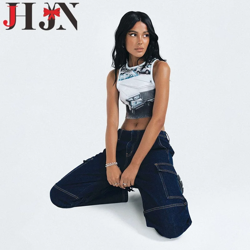

JHJN женские укороченные топы, новые тонкие сексуальные топы на бретелях для девочек, футболка без рукавов с принтом автомобиля, уличная майка с круглым вырезом, футболки в стиле хип-хоп