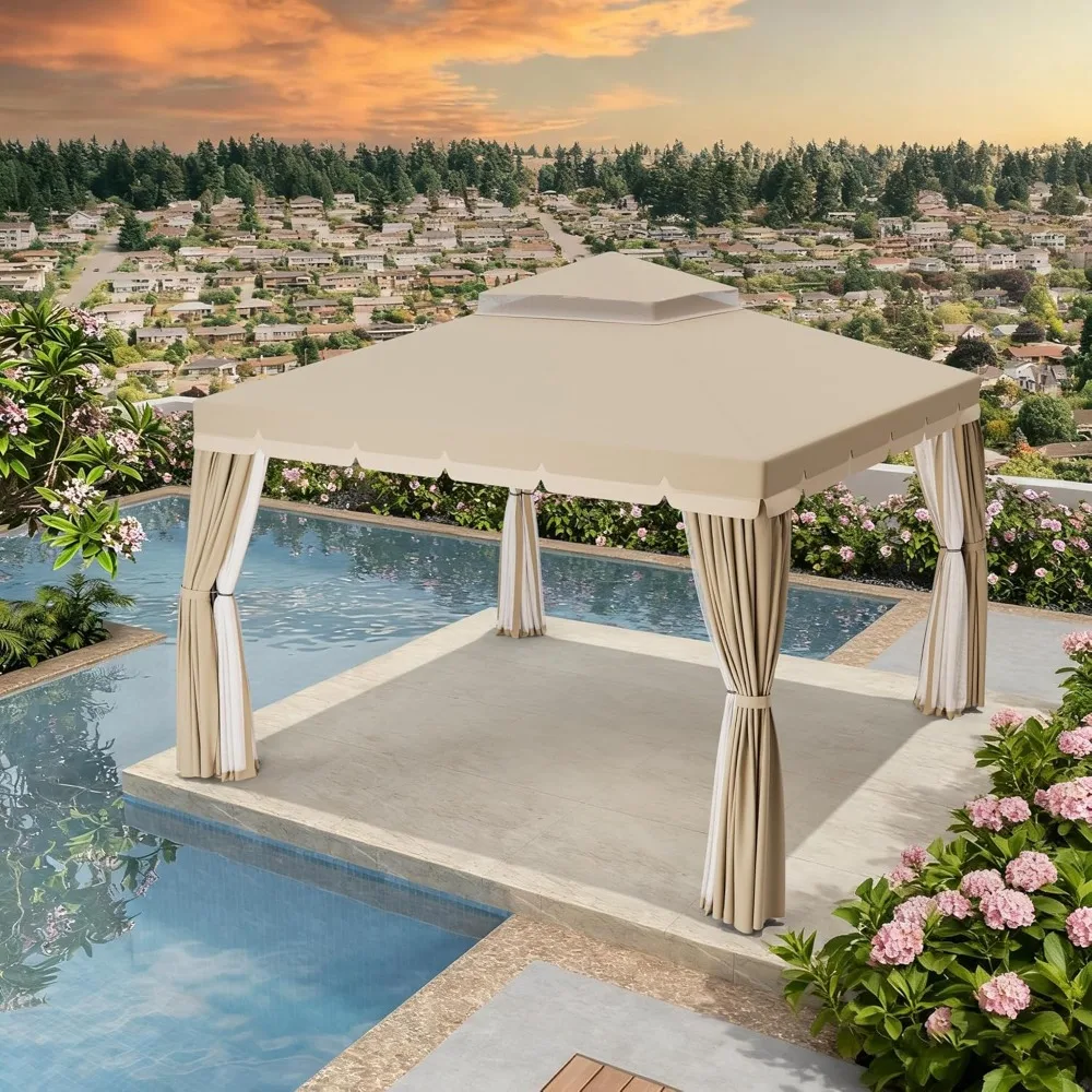 Factory Direct 2026 10x10 Outdoor Gazebo, Heavy Duty Iron Frame, Vented Roof, Mosquito Net & Privacy Curtains, Beige
