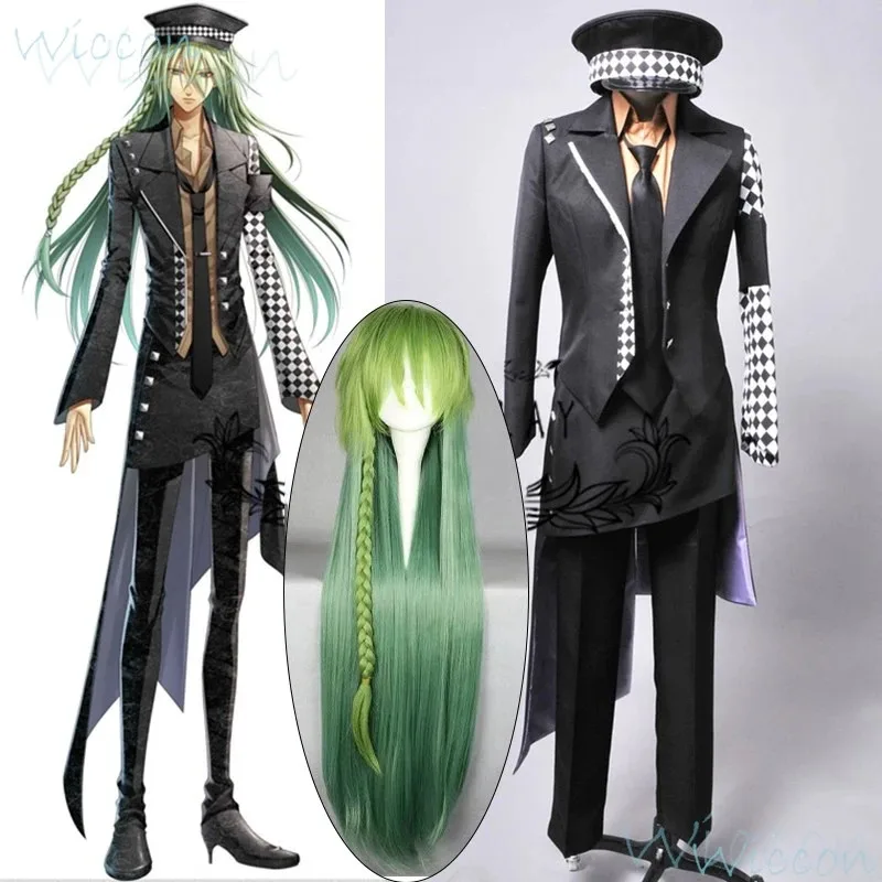 Kostum Cosplay Ukyo Anime AMNESIA Wig Panjang Hijau Mantel Hitam Topi Dasi Seragam Putih Pria Setelan Roleplay Pesta Conmic-con