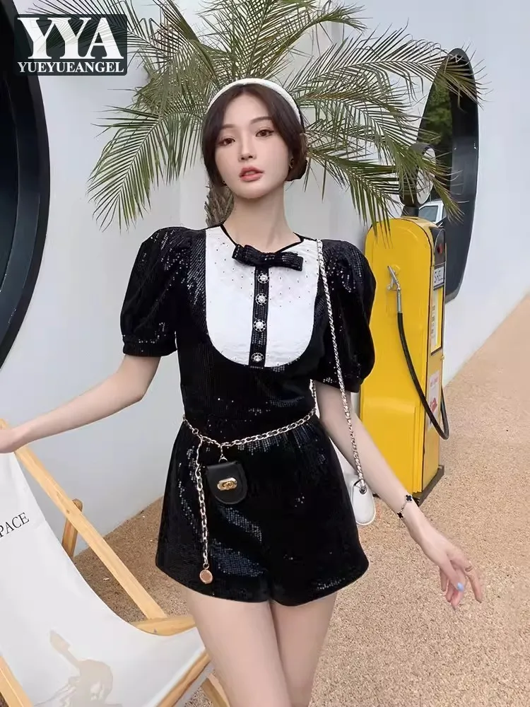 Fashion Women Sweet Bowknot Black Sequined Playsuits Summer Design Ladies High Waist Puff Short Sleeve Slim Fit Shorts Rompers