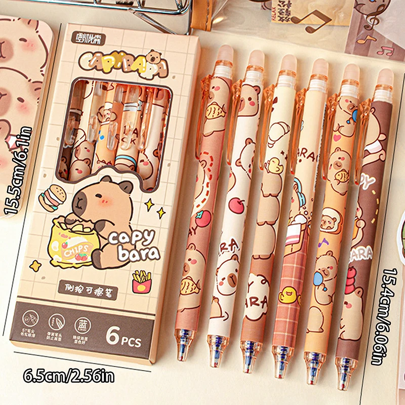 Capybara-Stylos gel bleus effaçables à séchage rapide, ensemble de stylos mignons, fournitures scolaires de bureau, papeterie esthétique Kawaii, 6 pièces