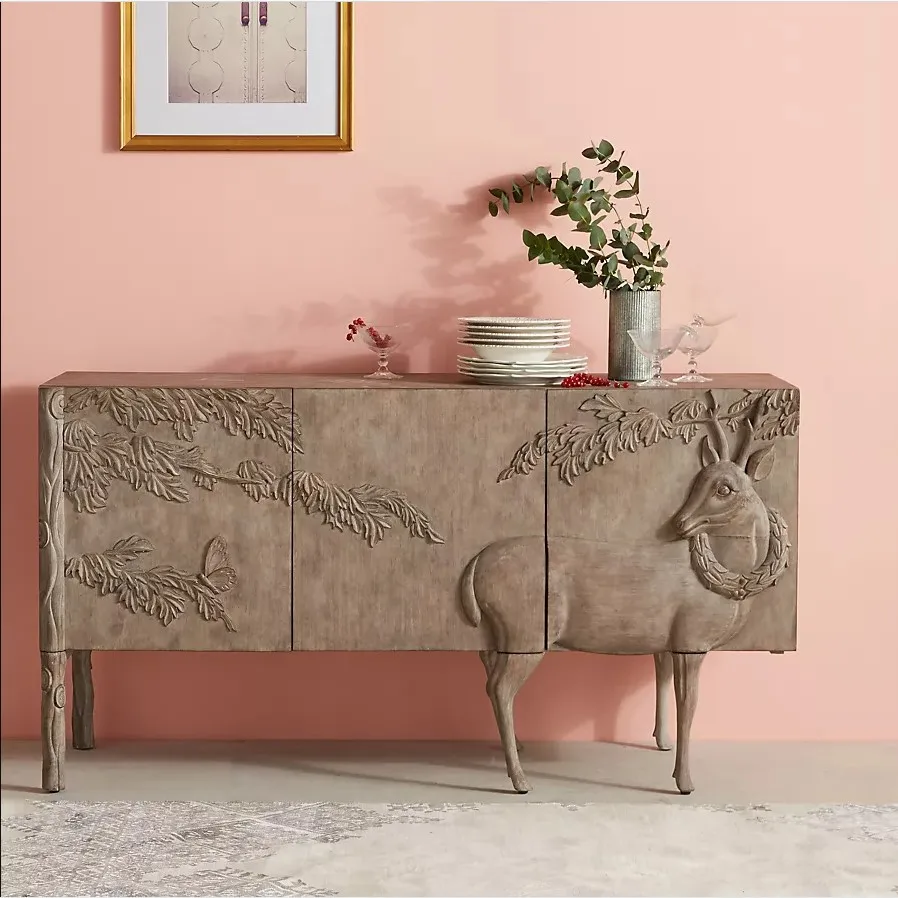 French antique solid wood carving entrance cabinet, American rural retro dining side cabinet, personalized and chic TV cabinet