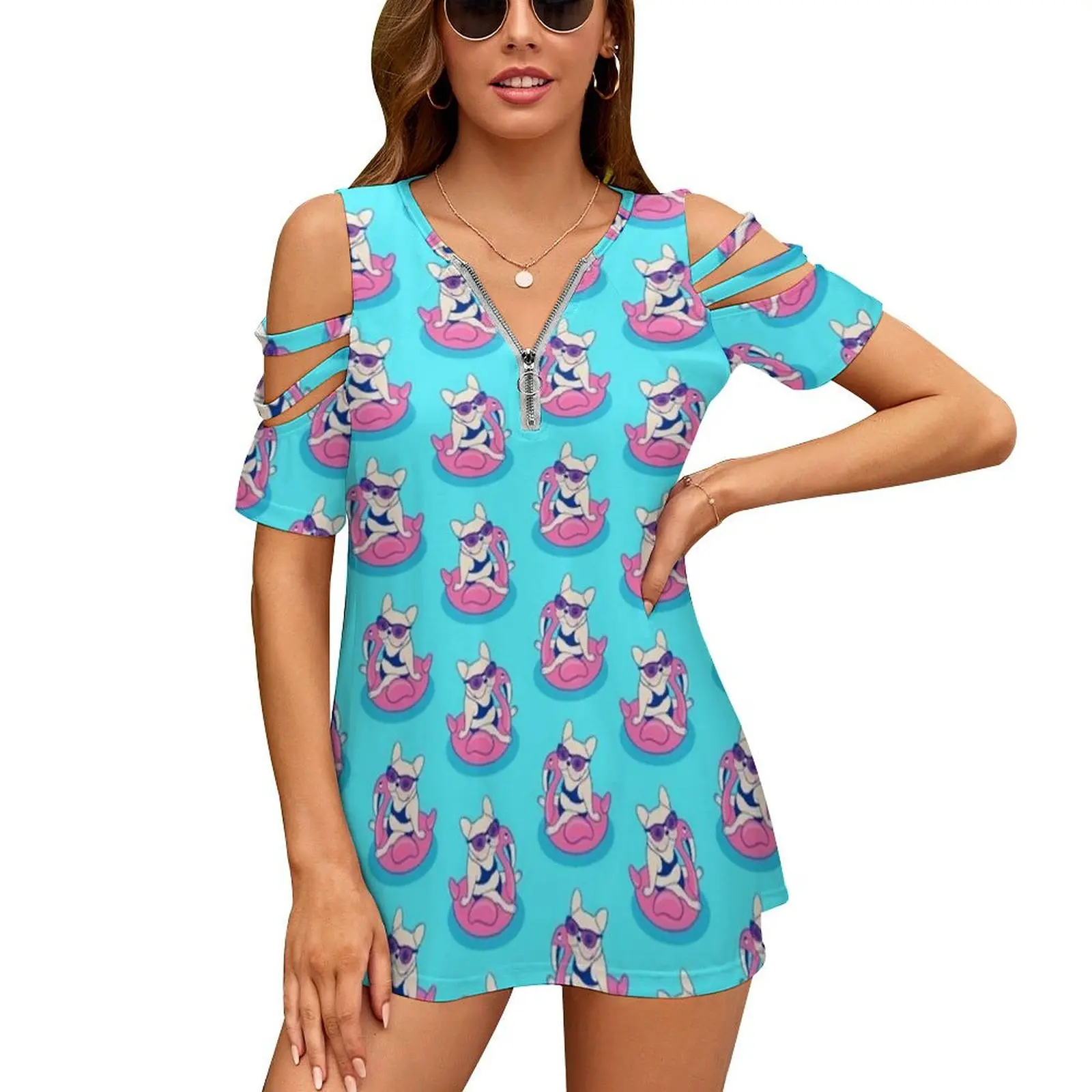 

Frenchie Enjoys Summer On Flamingo Pool Float In Swimming Women'S T-Shirt New Fashion Printed Zipper V-Neck Short Sleeve T