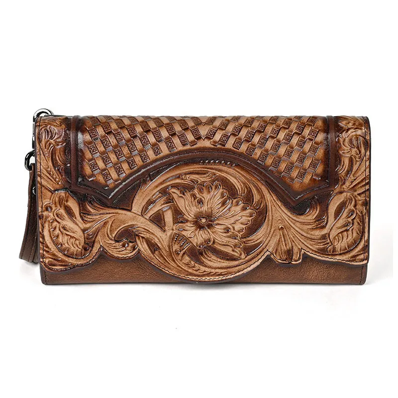 

Floral Genuine Leather Wallet Women Handmade Real First Layer Cow Leather Clutch Bag Large Female Card Holder Purse