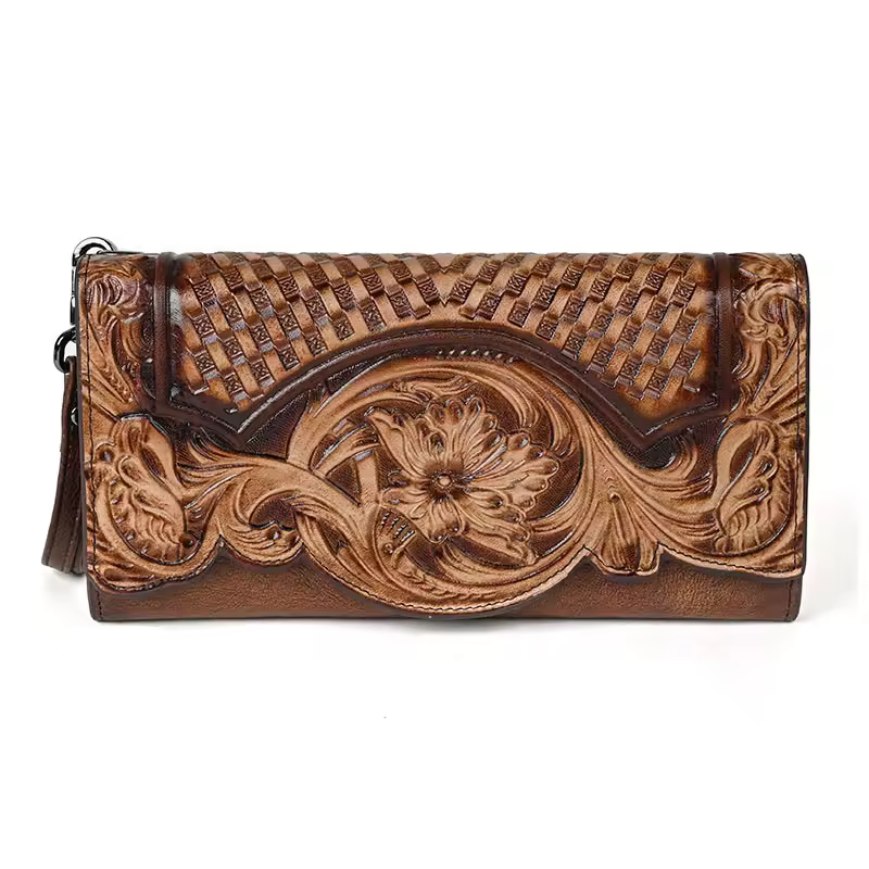 Floral Genuine Leather Wallet Women Handmade Real First Layer Cow Leather Clutch Bag Large Female Card Holder Purse