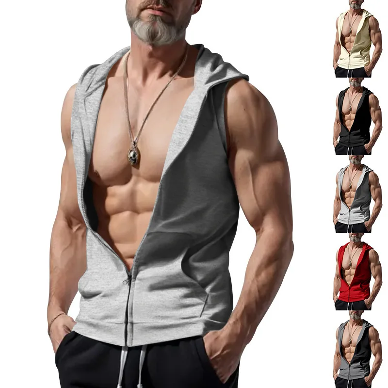 Summer Men's Hooded Zipper Tank Tops Casual Fitness Sports Vest Fashion Zipper Sleeveless Cardigan Tees Tops Male running Vest