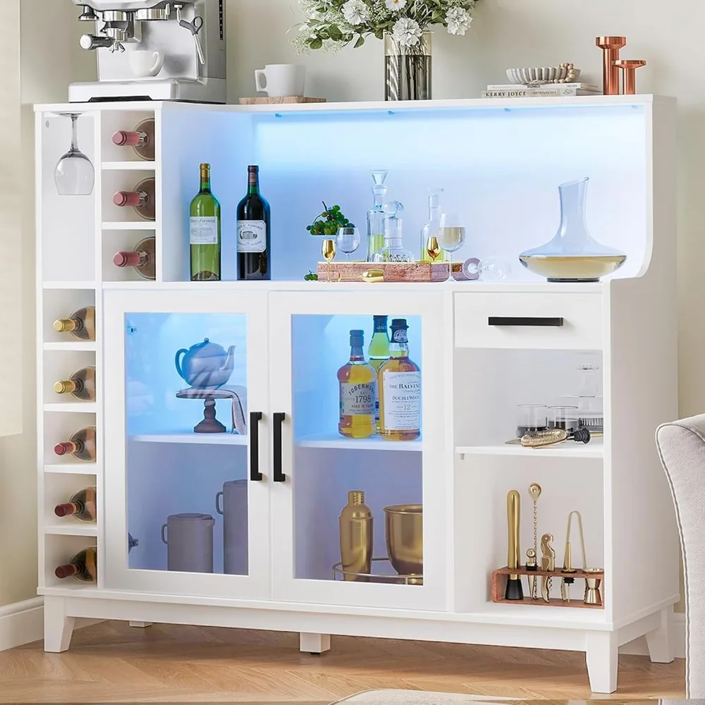 Barkasten voor thuis, wijnkast met opbergruimte, LED-verlichting en wijnhouder, drankkastbar voor thuiskeuken