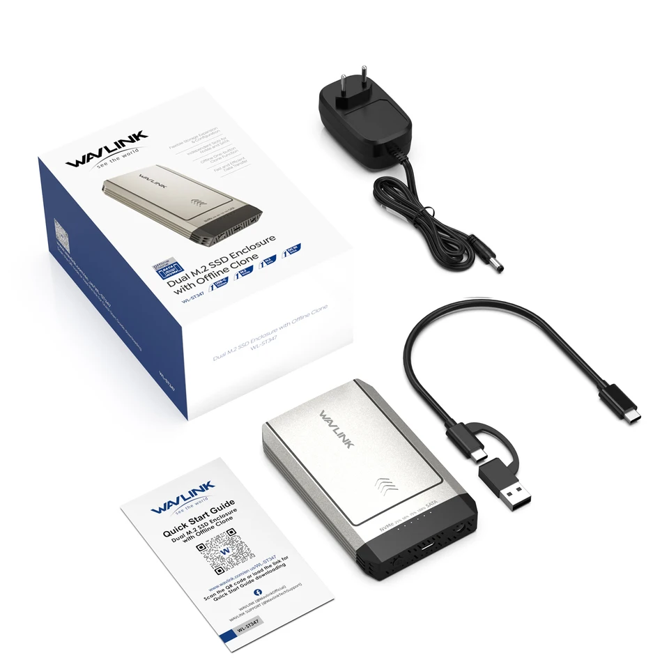 

Корпус для жесткого диска WAVLINK M.2 SSD с двумя отсеками, совместимый с NVMe, 10 Гбит/с, USB-C, USB3.2 Gen2, автономный клон одним щелчком мыши, дубликатор в наличии