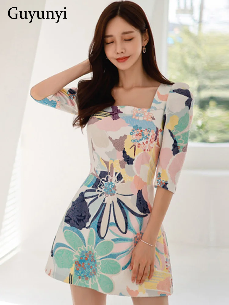 Elegant Office Lady Dress 2024 Spring Korean Style Fashion Floral Jacquard Square Neck 3/4 Sleeve A-Line Mini Party Dress Women