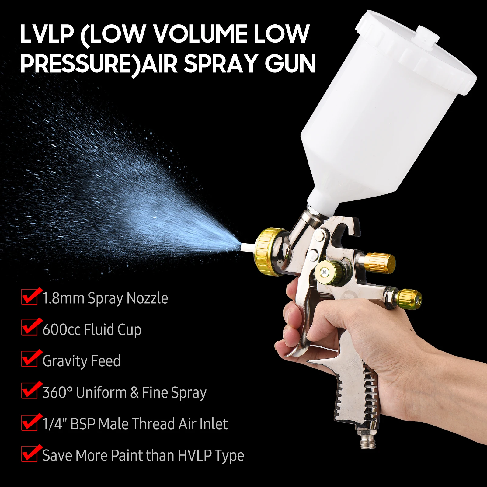 LVLP 1.3mm/1.8mm Air Spray Gun Kit 600cc Fluid Cup Gravity Feed Air Paint Sprayer Mini Handheld 360-degree Paint Spraying Gun