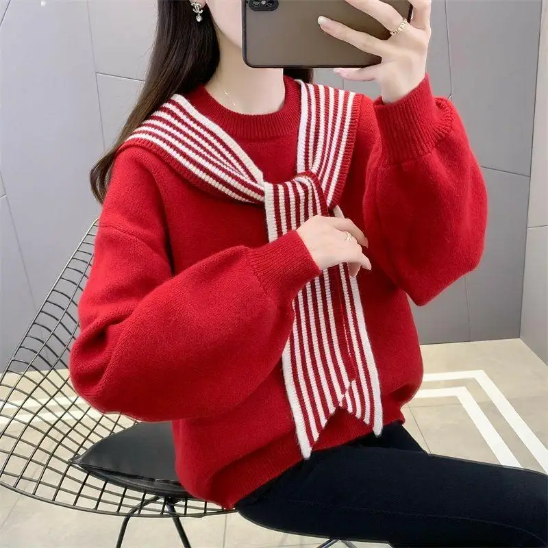 Red Loose Sweater Women's Autumn and Winter New Korean Version Soft and Thick Knitted Sweater Top