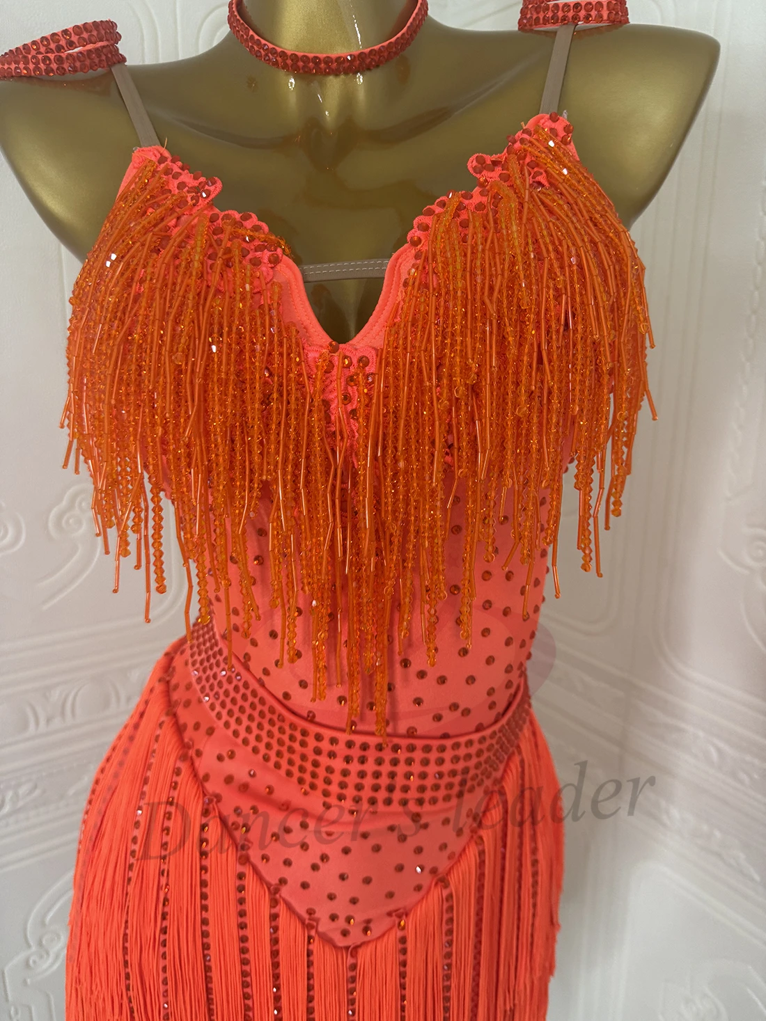 Dança latina adulto crianças vestido ab pedra high-end personalizado laranja grânulo tubo borla cha tango roupas femininas