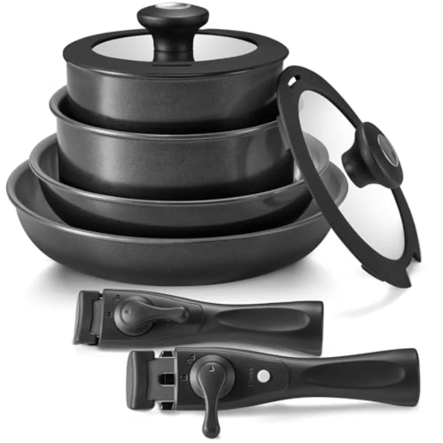 

Induction Cookware with Healthy Ceramic Coating Camping Pots and Pans Set Nonstick 10pcs with Detachable Handles for Outdoor Co