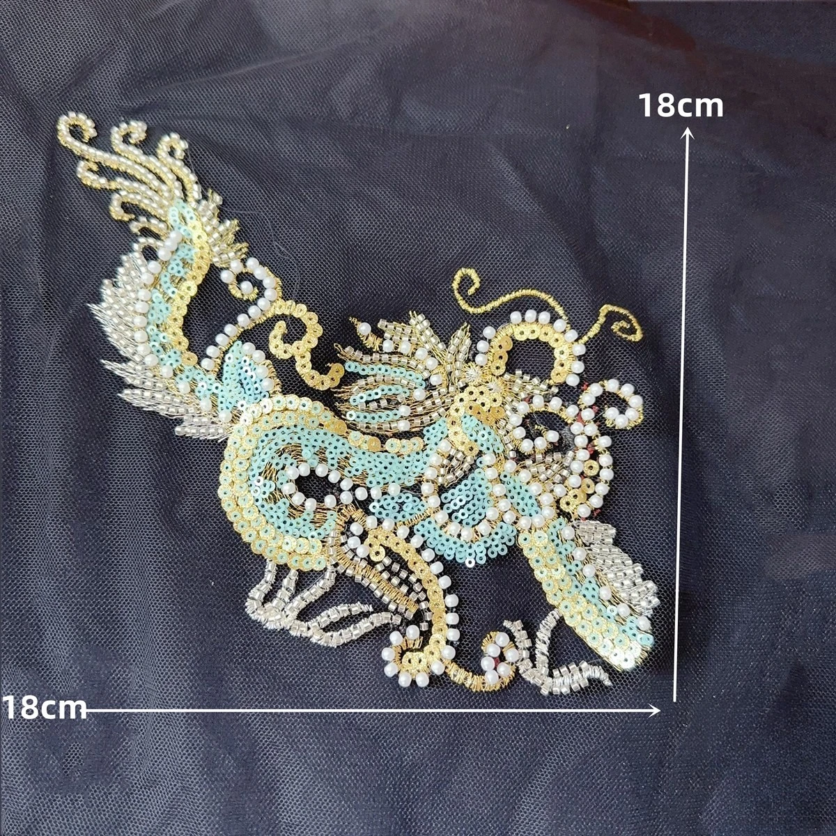 4PCS=1Set Chinese Style Embroidery, Black Background Mesh, Blue Golden Dragon Pearl Bead Lace Applique RS24498