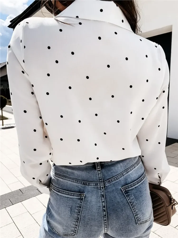 Casual Office Lady Shirt 2023 Spring Autumn Long Sleeve Polka Dot Print Pocket Blouses and Tops Women White Shirts Top