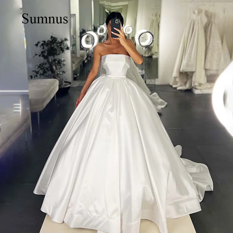 Sumnus A Line White Satin Wedding Dress Strapless Long Princess Bride Ball Gown Lace Up Wedding Dresses Vestidos de Novia